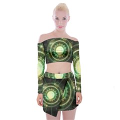 Green Chaos Clock, Steampunk Alchemy Fractal Mandala Off Shoulder Top With Mini Skirt Set by jayaprime