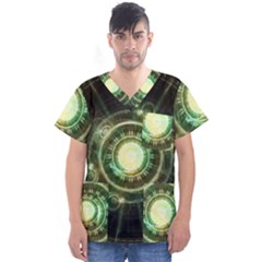 Green Chaos Clock, Steampunk Alchemy Fractal Mandala Men s V-neck Scrub Top