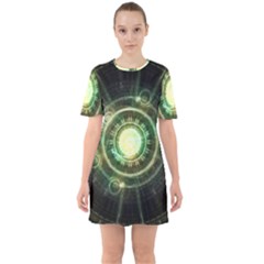 Green Chaos Clock, Steampunk Alchemy Fractal Mandala Sixties Short Sleeve Mini Dress by jayaprime