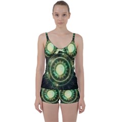 Green Chaos Clock, Steampunk Alchemy Fractal Mandala Tie Front Two Piece Tankini by jayaprime