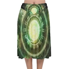 Green Chaos Clock, Steampunk Alchemy Fractal Mandala Velvet Flared Midi Skirt by jayaprime