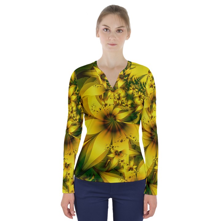 Beautiful Yellow-Green Meadow of Daffodil Flowers V-Neck Long Sleeve Top