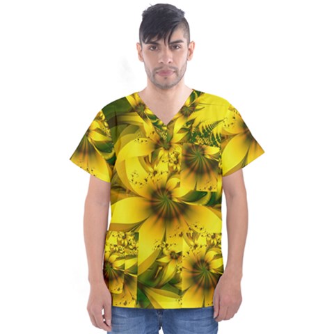 Beautiful Yellow-green Meadow Of Daffodil Flowers Men s V-neck Scrub Top by jayaprime