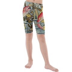 Fish Underwater Cubism Mosaic Kids  Mid Length Swim Shorts by Celenk