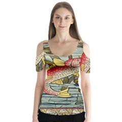 Fish Underwater Cubism Mosaic Butterfly Sleeve Cutout Tee 