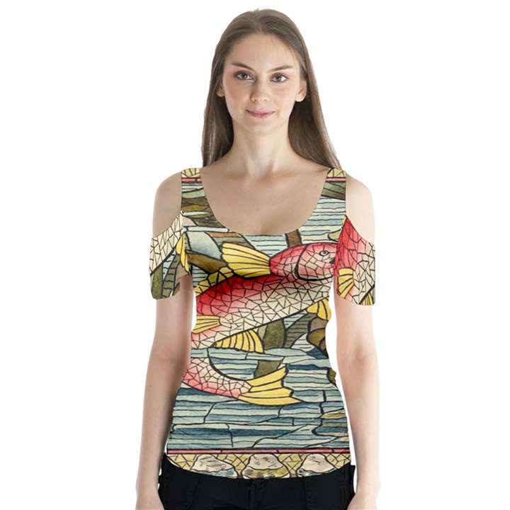 Fish Underwater Cubism Mosaic Butterfly Sleeve Cutout Tee 