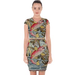 Fish Underwater Cubism Mosaic Capsleeve Drawstring Dress 