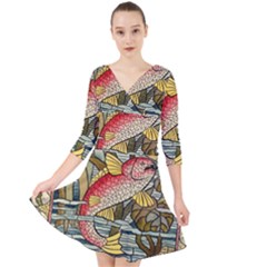 Fish Underwater Cubism Mosaic Quarter Sleeve Front Wrap Dress	