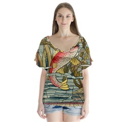 Fish Underwater Cubism Mosaic V-neck Flutter Sleeve Top by Celenk