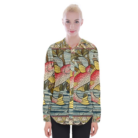 Fish Underwater Cubism Mosaic Womens Long Sleeve Shirt by Celenk