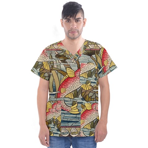 Fish Underwater Cubism Mosaic Men s V-neck Scrub Top by Celenk