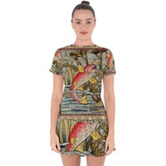 Fish Underwater Cubism Mosaic Drop Hem Mini Chiffon Dress