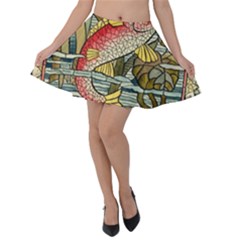 Fish Underwater Cubism Mosaic Velvet Skater Skirt by Celenk