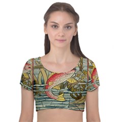 Fish Underwater Cubism Mosaic Velvet Short Sleeve Crop Top 