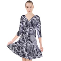 Black And White Pattern Texture Quarter Sleeve Front Wrap Dress	