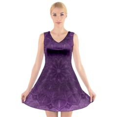 Background Purple Mandala Lilac V-neck Sleeveless Skater Dress