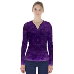 Background Purple Mandala Lilac V-neck Long Sleeve Top