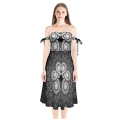 Fractal Filigree Lace Vintage Shoulder Tie Bardot Midi Dress by Celenk