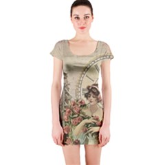 French Vintage Girl Roses Clock Short Sleeve Bodycon Dress by Celenk