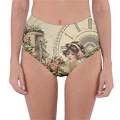 French Vintage Girl Roses Clock Reversible High-waist Bikini Bottoms by Celenk