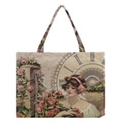 French Vintage Girl Roses Clock Medium Tote Bag by Celenk