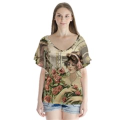 French Vintage Girl Roses Clock V-neck Flutter Sleeve Top by Celenk