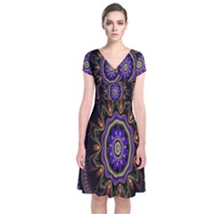 Fractal Vintage Colorful Decorative Short Sleeve Front Wrap Dress by Celenk