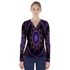 Fractal Vintage Colorful Decorative V-neck Long Sleeve Top