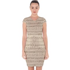 Vintage Beige Music Notes Capsleeve Drawstring Dress 