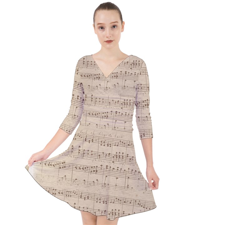 Vintage Beige Music Notes Quarter Sleeve Front Wrap Dress	