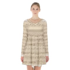 Vintage Beige Music Notes Long Sleeve Velvet V-neck Dress by Celenk