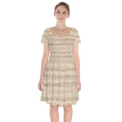 Vintage Beige Music Notes Short Sleeve Bardot Dress by Celenk