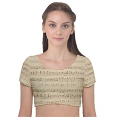 Vintage Beige Music Notes Velvet Short Sleeve Crop Top 