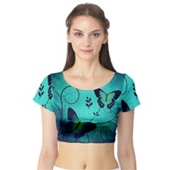 Texture Butterflies Background Short Sleeve Crop Top by Celenk