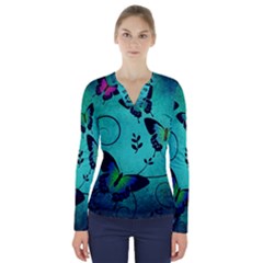 Texture Butterflies Background V-neck Long Sleeve Top