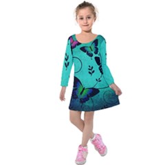 Texture Butterflies Background Kids  Long Sleeve Velvet Dress by Celenk