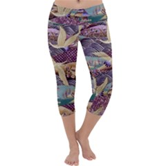 Textile Fabric Cloth Pattern Capri Yoga Leggings by Celenk