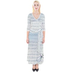 Vintage Blue Music Notes Quarter Sleeve Wrap Maxi Dress