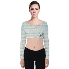 Vintage Blue Music Notes Velvet Long Sleeve Crop Top