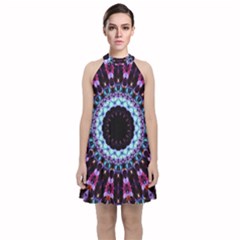 Kaleidoscope Shape Abstract Design Velvet Halter Neckline Dress 