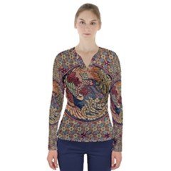 Wings Feathers Cubism Mosaic V-neck Long Sleeve Top by Celenk