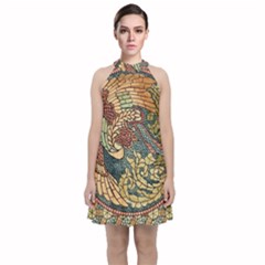 Wings Feathers Cubism Mosaic Velvet Halter Neckline Dress 