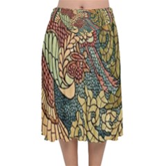 Wings Feathers Cubism Mosaic Velvet Flared Midi Skirt by Celenk