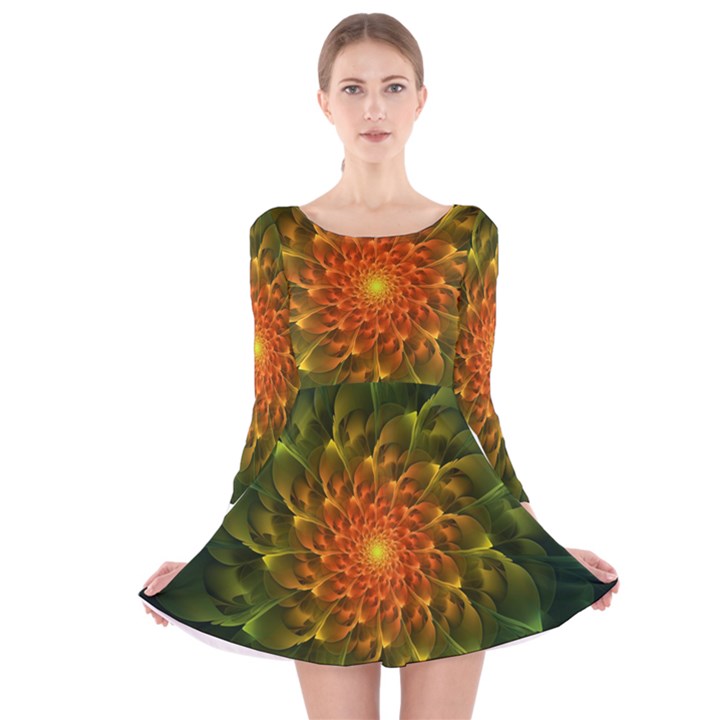 Beautiful Orange-Green Desert Cactus Fractalspiral Long Sleeve Velvet Skater Dress