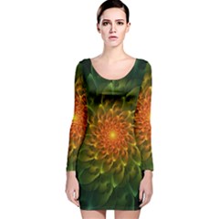 Beautiful Orange-green Desert Cactus Fractalspiral Long Sleeve Velvet Bodycon Dress by jayaprime