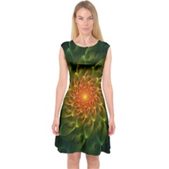 Beautiful Orange-green Desert Cactus Fractalspiral Capsleeve Midi Dress by jayaprime