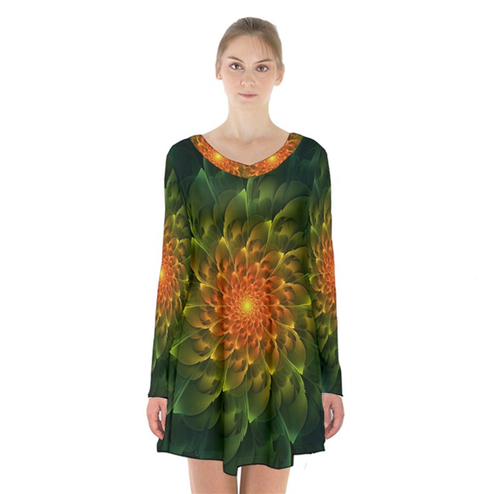 Beautiful Orange-Green Desert Cactus Fractalspiral Long Sleeve Velvet V-neck Dress