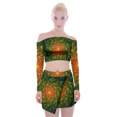 Beautiful Orange-green Desert Cactus Fractalspiral Off Shoulder Top With Mini Skirt Set by jayaprime