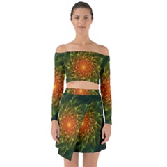 Beautiful Orange-green Desert Cactus Fractalspiral Off Shoulder Top With Skirt Set