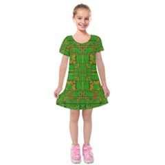 Golden Green And  Sunshine Pop Art Kids  Short Sleeve Velvet Dress by pepitasart